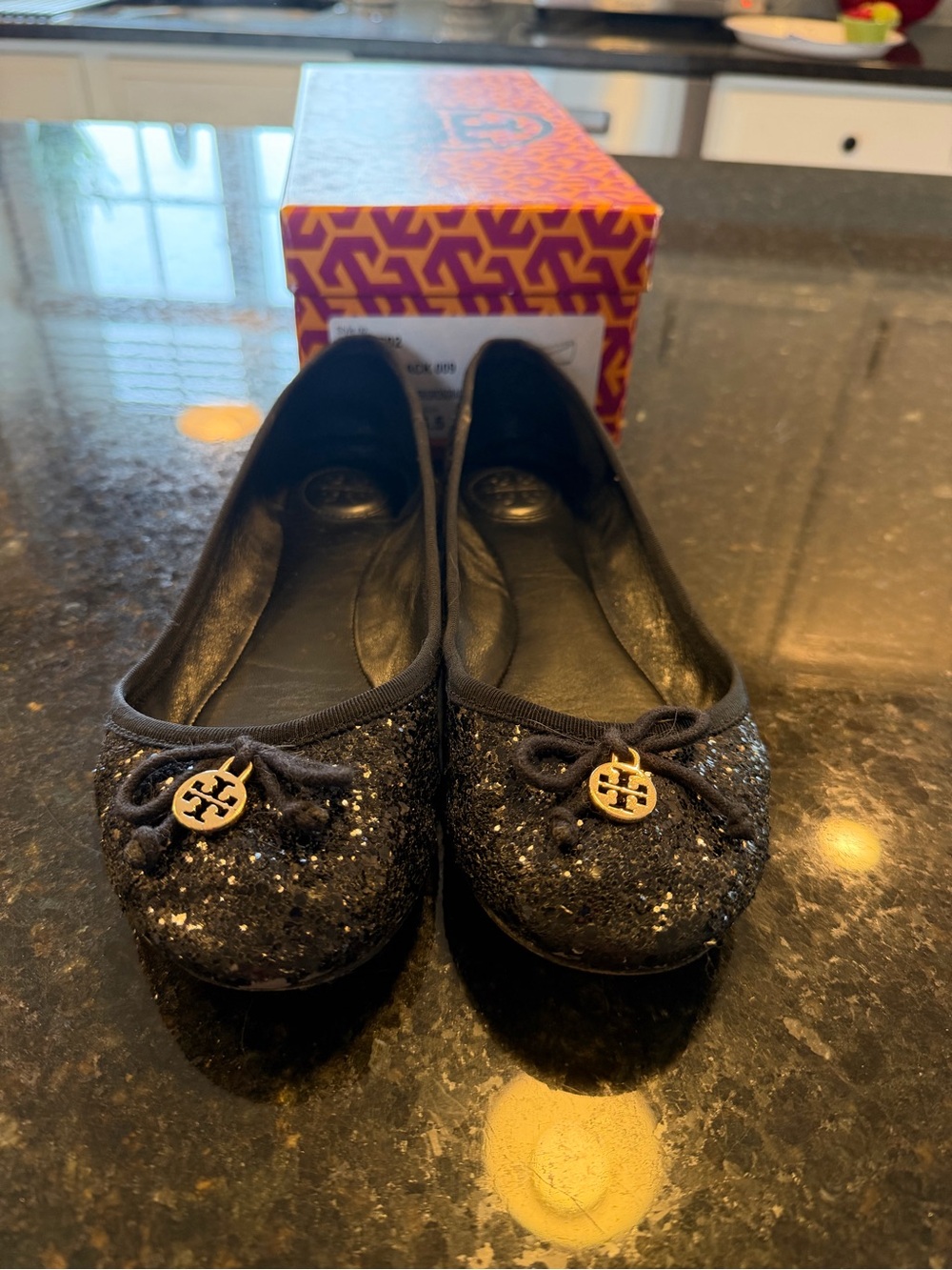 Tory Burch Chelsea Ballet Flats Glitter Grosgrain Black Size 6.5